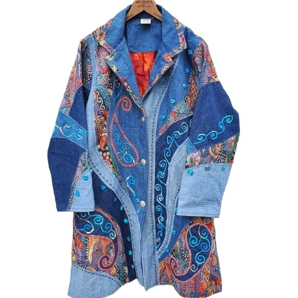 Parsley & Sage Jackets & Blazers - Vintage Parsley & Sage Long Denim Boho Patchwork Festival Coat Size 1x
